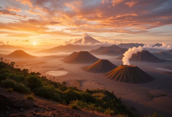 Stunning sunrise over active volcanoes with mist and dramatic sky in volcanic landscape