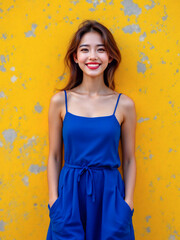 Fototapeta premium Joyful woman in blue top, yellow background, cheerful vibe.