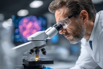 Scientist examining sample under high-resolution microscope in lab