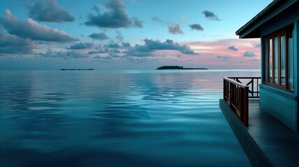 A serene moment in the Maldives: water villa overlooks glassy blue ocean, distant islets under a pastel sky, cinematic depth.