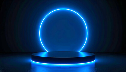 Dark Background with Bright Blue Neon Circle and Reflective Platform
