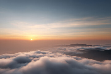 breathtaking dawn scene where sun rises above horizon illuminating clouds with single ultrabright ray of light