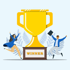 Employee recognition or proud workers concept. Young adult business people  jump in the air with winner trophy achievement.