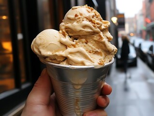 A Gelato Cup with a Dual Scoop Held by a Hand, with a Blurred Background