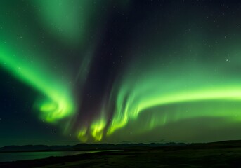 Captivating Aurora Borealis Displaying Vibrant Green Lights Above Iceland's Scenic Landscape.