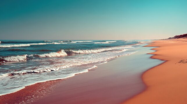Ozeanischer Wellengang an einem Sandstrand bei Sonnenaufgang