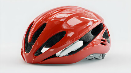 Red road cycling helmet with aerodynamic vents, floating on white background
