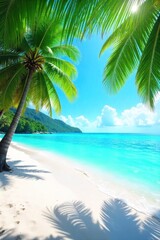 Sun-drenched beach scene with vibrant turquoise water, white sand, and lush palm trees swaying gently in the tropical breeze Perfect for summer holiday themes , sunshine, happy, leisure