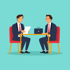 Job interview, hiring process, candidate evaluation, career opportunity, HR meeting, professional discussion, resume review, employment screening, workplace recruitment. Flat vector illustration.