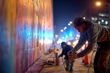 Two Graffiti Artists Spray Painting a Colorful Mural at Night, Depicting Urban Creativity and Youth Culture : Generative AI