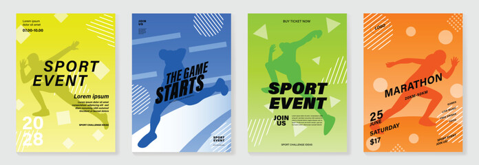 Fun run poster design background vector set. Running sport cover template with vibrant abstract gradient geometric shape and people running. Ideal design for social media, flyer, promotion, card.