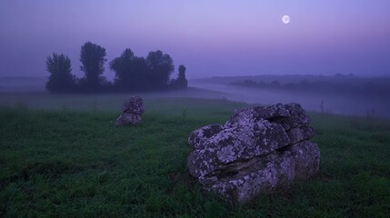 Serene Moonlight Night Foggy Field Ancient Stones Landscape art calm blue dark mist view mood rocks