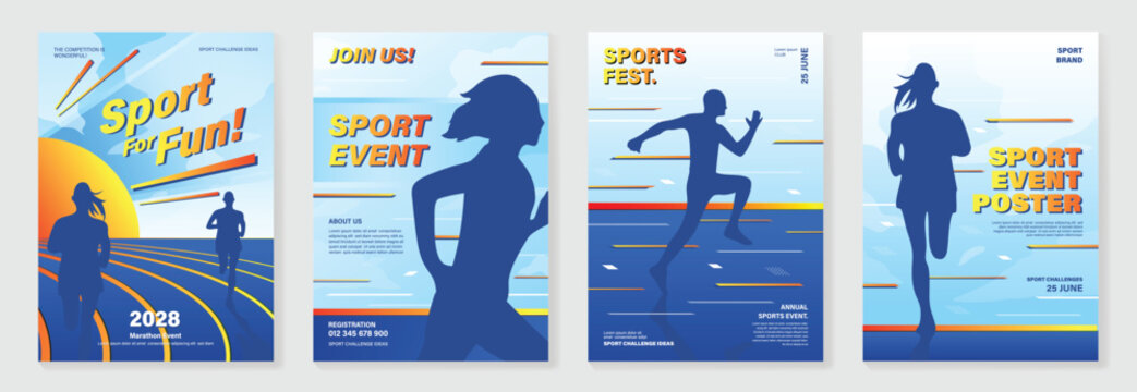 Fun run poster design background vector set. Running sport cover template with vibrant abstract gradient geometric shape and people running. Ideal design for social media, flyer, promotion, card.