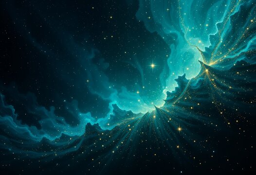 A mesmerizing cosmic view of a glowing blue-green nebula with scattered stars in deep space - Powered by Adobe