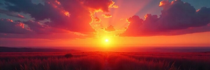 Obraz premium Golden hour sun rays paint the sky with vibrant oranges, reds, and purples as the sun dips below the horizon A breathtaking display of natural light and color , sunset, astronomy