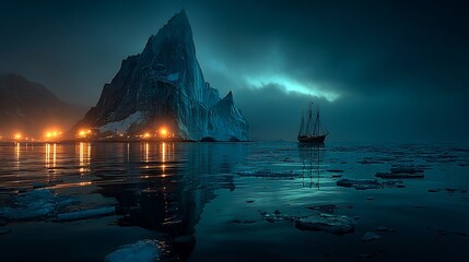 Arctic iceberg night with sailing ship, and Greenland.