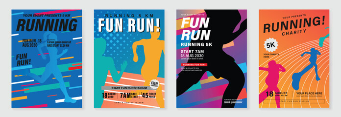 Fun run poster design background vector set. Running sport cover template with vibrant abstract gradient geometric shape and people running. Ideal design for social media, flyer, promotion, card.