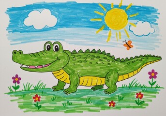 Fototapeta premium A child's colorful drawing of a green alligator with a yellow belly and sharp teeth, smiling and standing on grass with an orange butterfly, flowers, under a blue sky with a sun and white clouds.