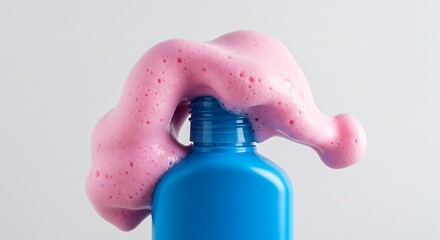 Pink foam overflowing from a blue plastic bottle