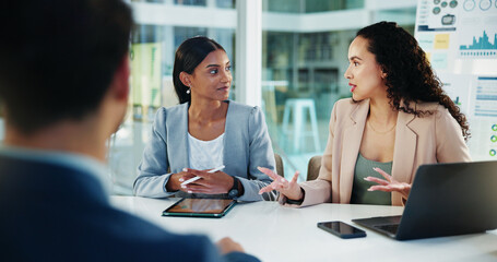 Business, discussion and people with feedback in meeting for financial performance, budget...