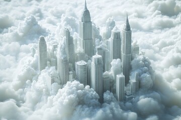 Pixelated Cloud City A 3D Render of a Grey City Floating Amongst White Fluffy Clouds