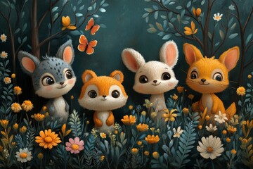 Fototapeta premium Four cute woodland animals in a flower meadow