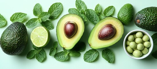 Vibrant Green Avocados Limes and Mint on Light Green Background