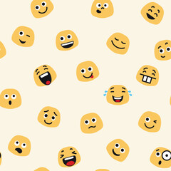 A vector illustration, seamless pattern with various emoji faces expressing different emotions, including happiness, surprise, fear, and more