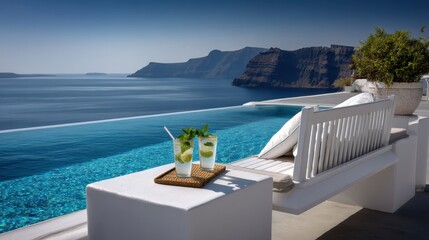 Minimalist Greek island patio: white bench, mint garnished drinks, infinity pool melting into deep blue sea, volcanic cliffs beyond.