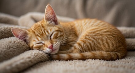 Adorable Ginger Kitten Curled Up Sleeping Comfortably on a Soft Blanket