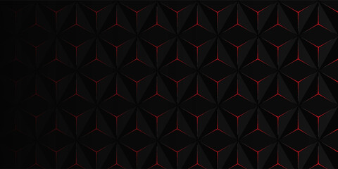 Dark gray and red horizontal hexagonal technology abstract vector background. red bright energy flashes under hexagon in futuristic modern technology wide banner. Dark gray honeycomb texture grid.