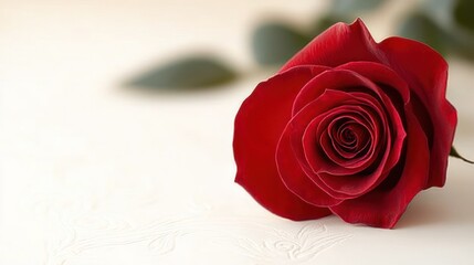 A single red rose rests on a white textured surface