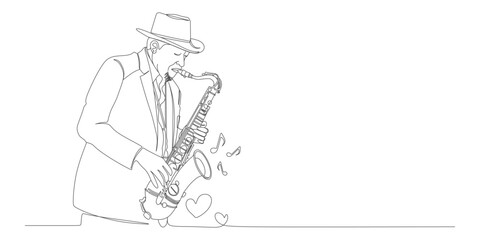 Continuous Line Drawing of a Jazz Saxophone Player with Musical Notes and Hearts