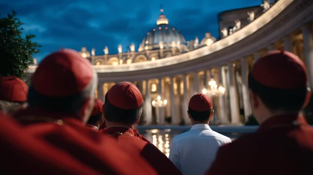 Cardinals watching white smoke from chimney in Vatican courtyard