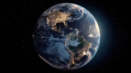 Obraz premium Planet earth rotating showing north and south america at night from space.