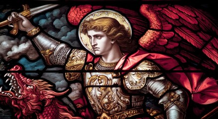 Fototapeta premium Stained Glass Depicting Saint Michael Slaying the Dragon, Symbolizing Triumph Over Evil and Spiritual Warfare, Ideal for Religious Education and Faith-Based Initiatives : Generative AI