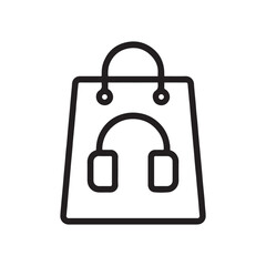 a black outline of shopping bag with headphones icon on white background.