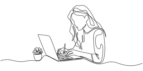 One line woman writing and study with help laptop. E-learning concept, young woman using laptop computer continuous line drawing vector illustration, One continuous line drawing on a white isolated.