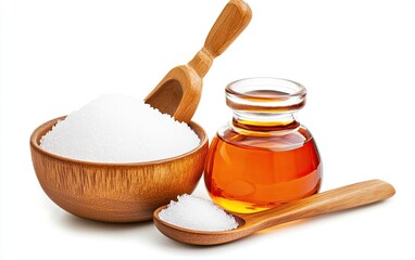 Wooden bowls hold sugar and amber honey in a spoon