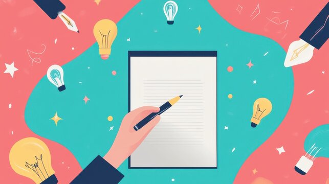A cartoon-style illustration of a hand writing on paper, surrounded by lightbulbs and creativity symbols. - Powered by Adobe
