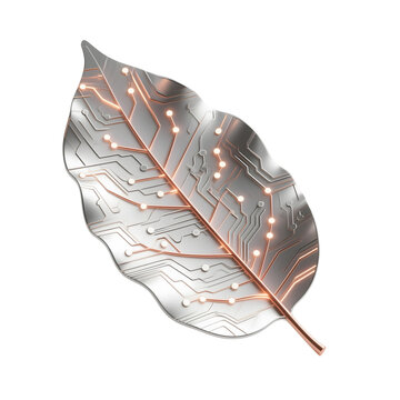 ingle leaf with metallic structure, where the veins are glowing copper