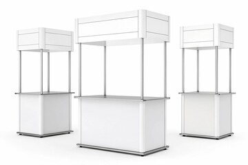 Set of three blank advertising stands isolated on white background. Detailed portrayal of trade show booth equipment, banner mockups for product presentations, front and back views of pop-up posters.
