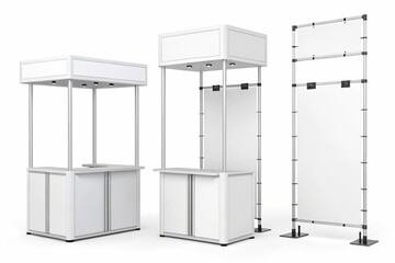 Set of three blank advertising stands isolated on white background. Detailed portrayal of trade show booth equipment, banner mockups for product presentations, front and back views of pop-up posters.