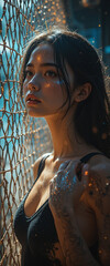 Cinematic Backlit Portrait of Woman with Copper Cables, Mesh Shadows, and Cyan Glow
