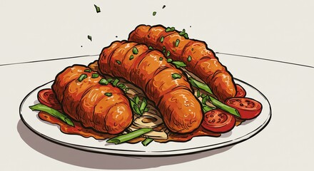 A plate of food with three pieces of meat and a tomato