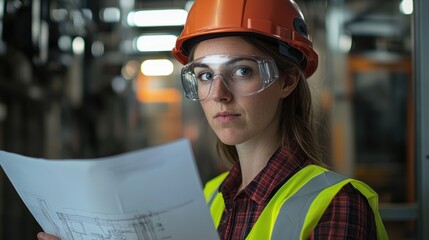 Focused Female Engineer Reviewing Blueprint in Industrial Setting
