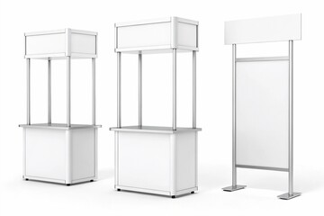 Set of three blank advertising stands isolated on white background. Detailed portrayal of trade show booth equipment, banner mockups for product presentations, front and back views of pop-up posters.