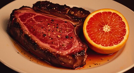 Obraz premium A plate of meat and an orange
