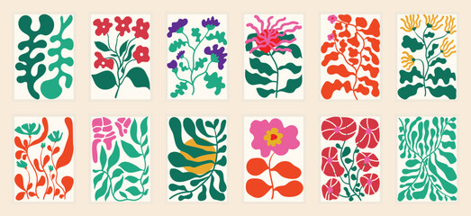 Fototapeta na wymiar Botanical doodle background art vector set. Flower and leaves abstract shape doodle art design for print, wallpaper, clipart, wall art for home decoration.