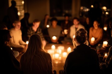 Diverse Group Holding Candles in Circle at Night, Representing Community Support and Spiritual Connection During a Difficult Time : Generative AI
